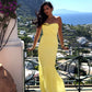 Robe de soirée élégante en mousseline de soie avec haut tube jaune et longue robe de soirée pour invités de mariage gh3326