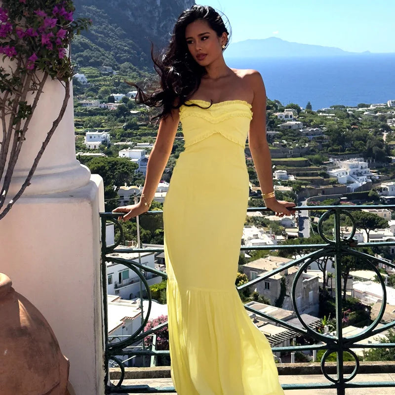 Robe de soirée élégante en mousseline de soie avec haut tube jaune et longue robe de soirée pour invités de mariage gh3326