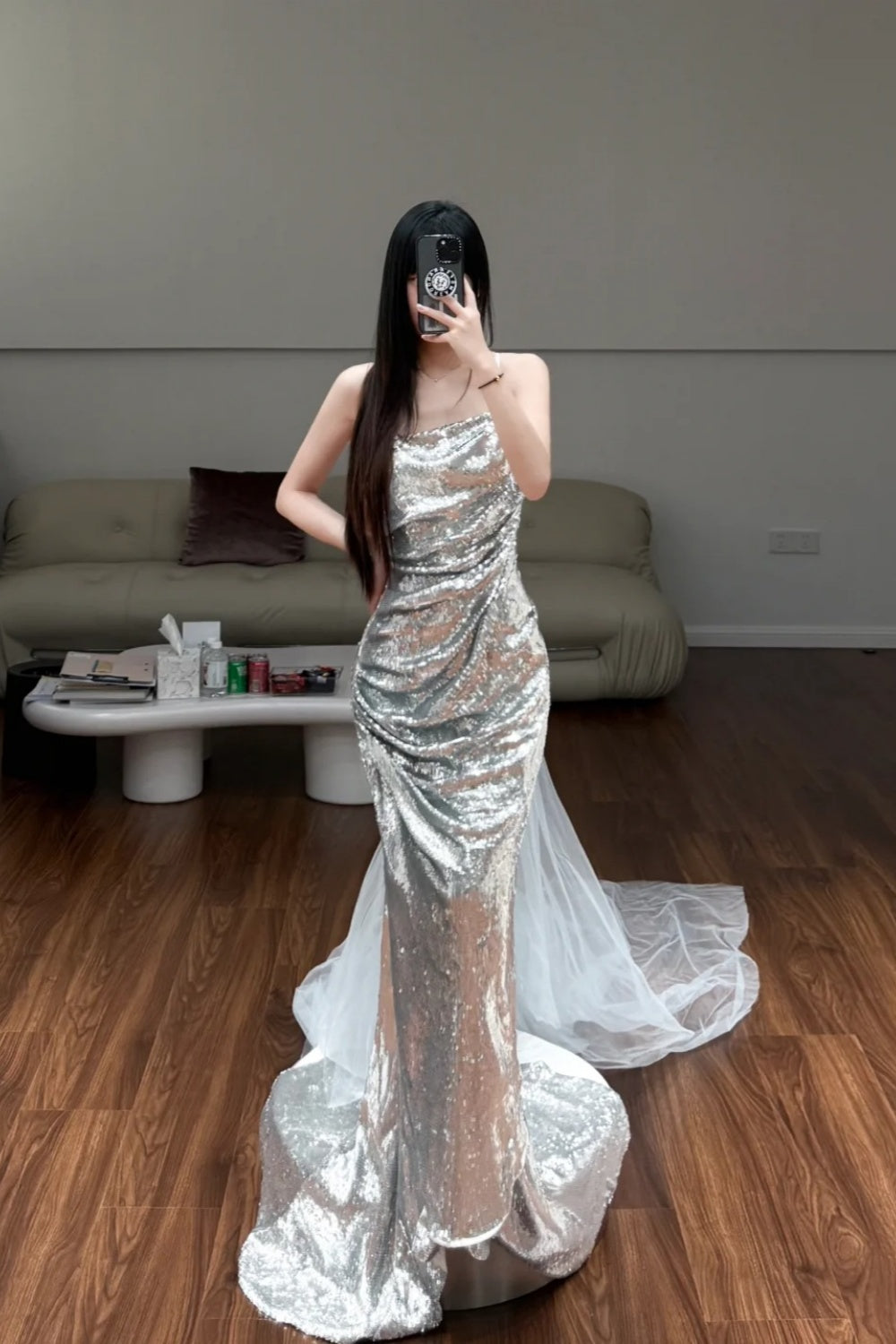 girlhomeshops- Silver Sparkling Mermaid Slimming Evening Dress gh6211