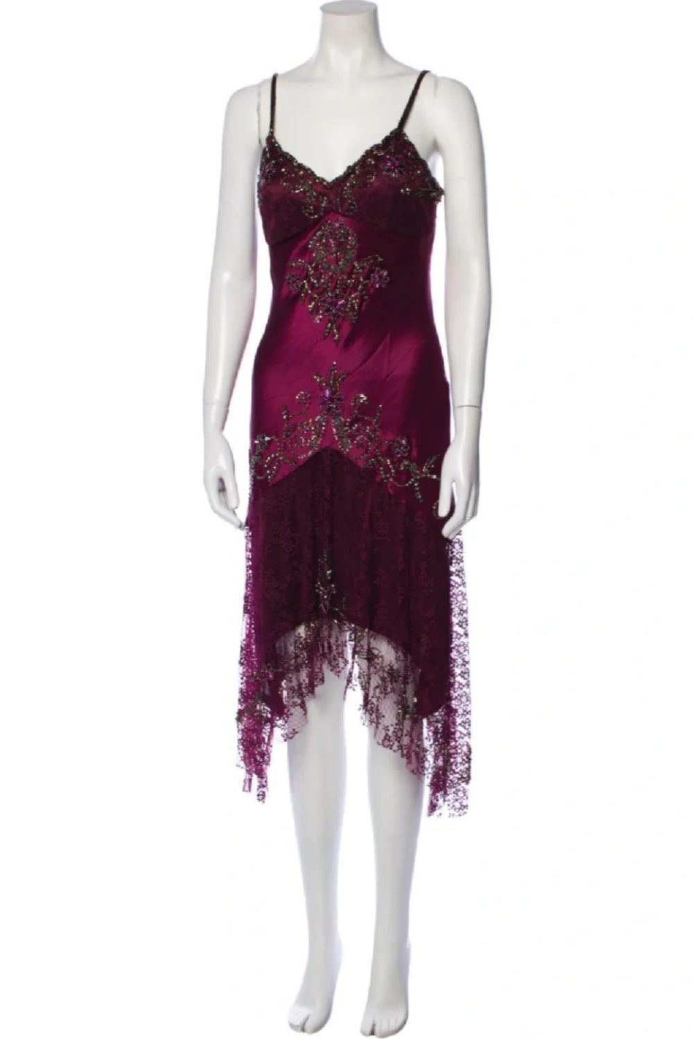 girlhomeshops-Burgunderfarbenes Satin-Spitzenkleid mit Spaghettiträgern, asymmetrischem Saum, Perlen- und Paillettenbesatz gh6308