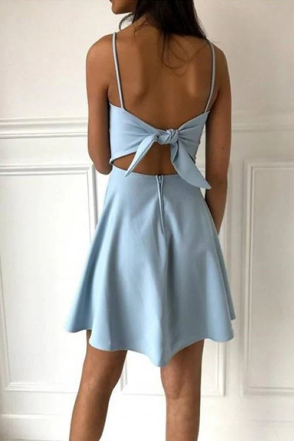 Robe de soirée courte en satin à bretelles spaghetti sans manches et nœud simple bleu gh808