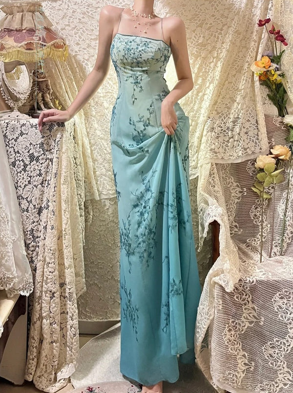 Robe de soirée longue en satin bleu, style vintage, avec perles exquises, motif floral, gh4434