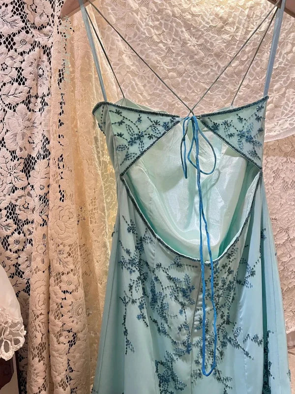 Robe de soirée longue en satin bleu, style vintage, avec perles exquises, motif floral, gh4434