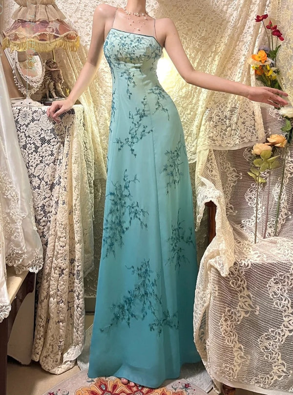 Robe de soirée longue en satin bleu, style vintage, avec perles exquises, motif floral, gh4434