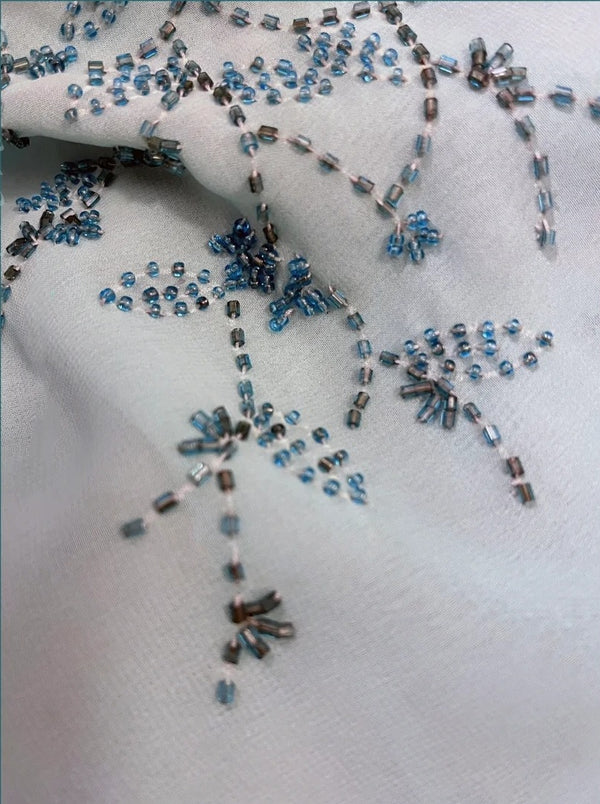 Robe de soirée longue en satin bleu, style vintage, avec perles exquises, motif floral, gh4434