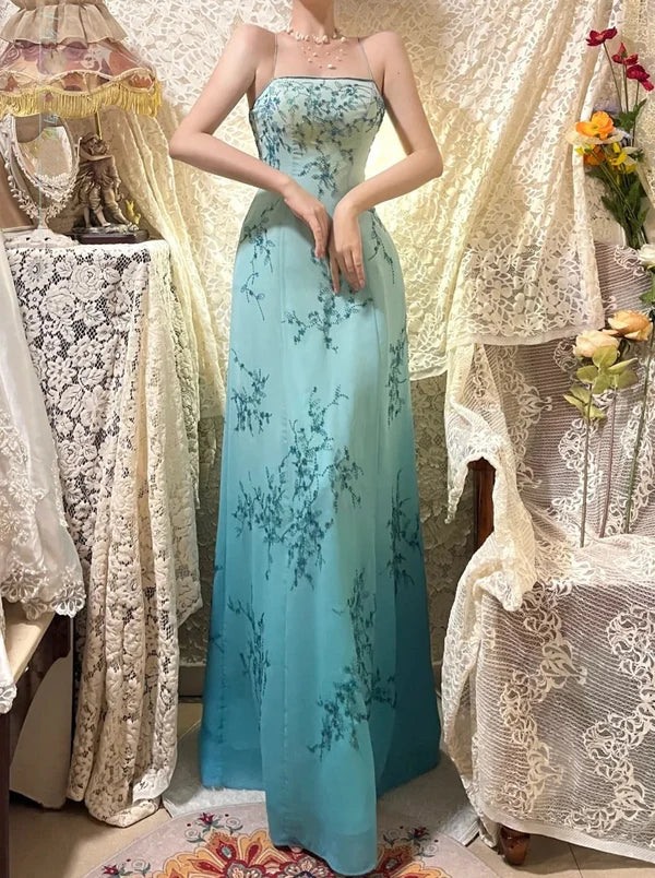 Robe de soirée longue en satin bleu, style vintage, avec perles exquises, motif floral, gh4434