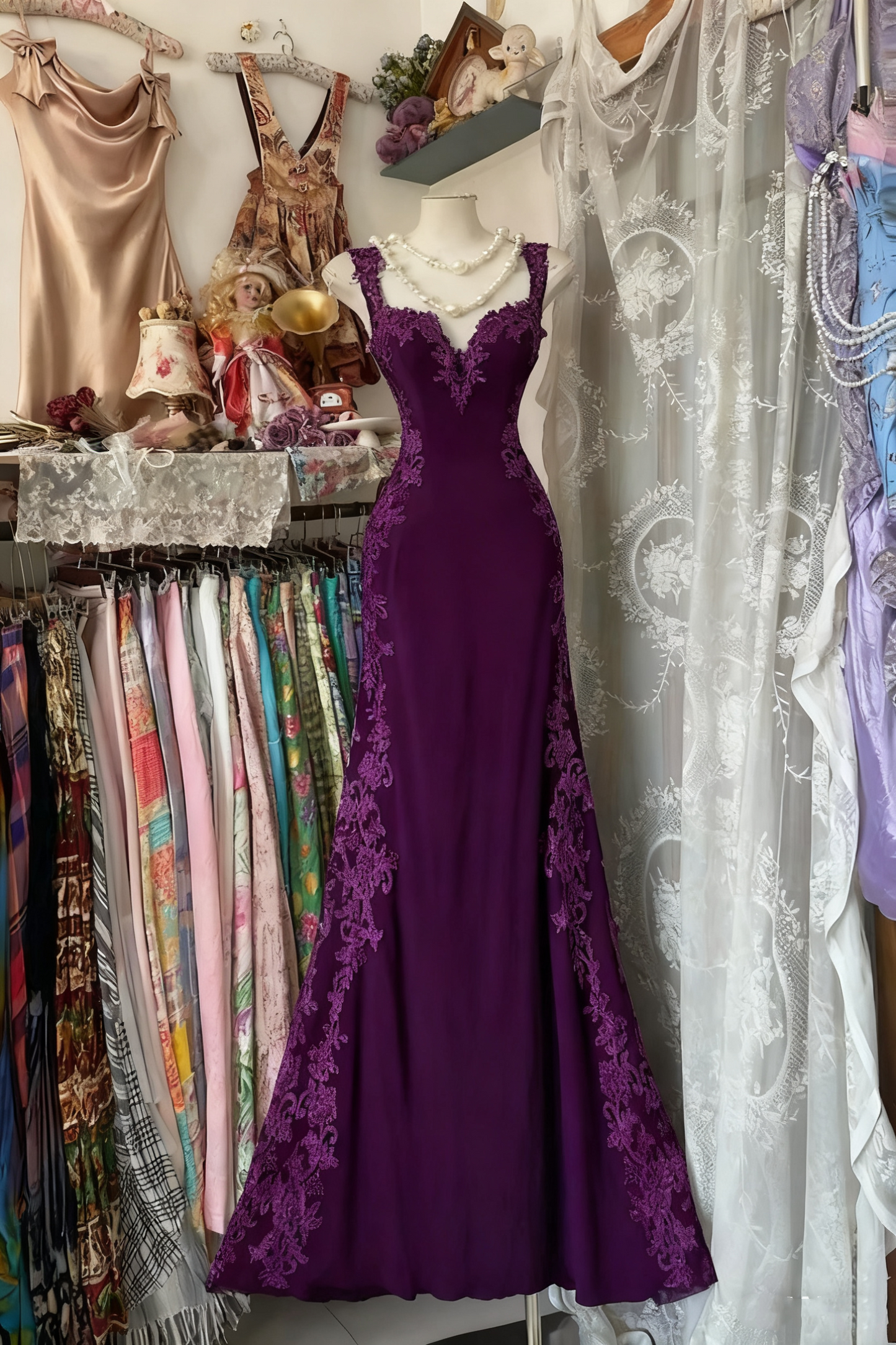 girlhomeshops- Vintage Lace Slim Shoulder Strap Long Birthday Dream Dress gh6208