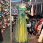 Robe de soirée longue en satin et tulle, élégante, dégradé de couleurs, style rétro, florale exquise, jaune et vert, gh4139