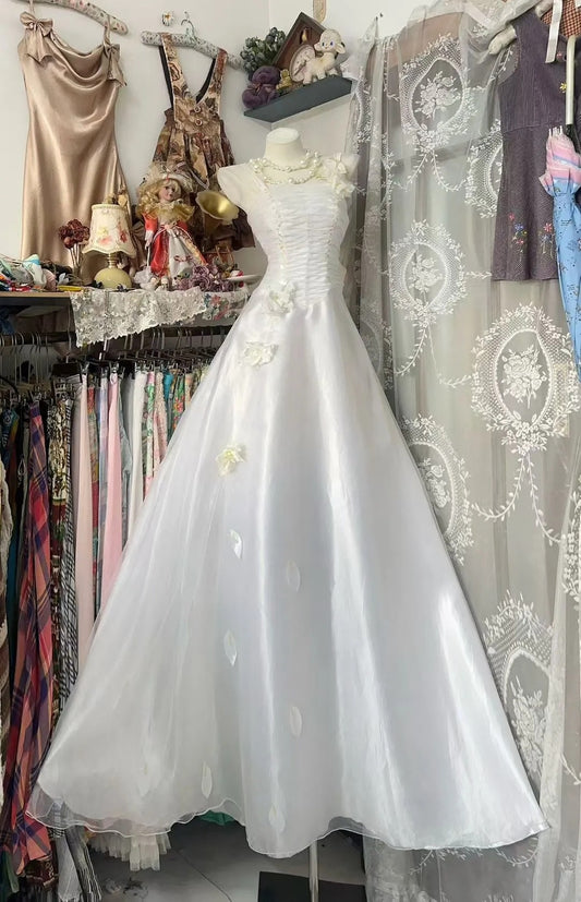 Robe de princesse vintage en satin et tulle, longue jusqu'au sol, ornée de fleurs 3D et de perles, sans manches - Robe élégante pour mariage léger, fiançailles, banquet et bal gh6492