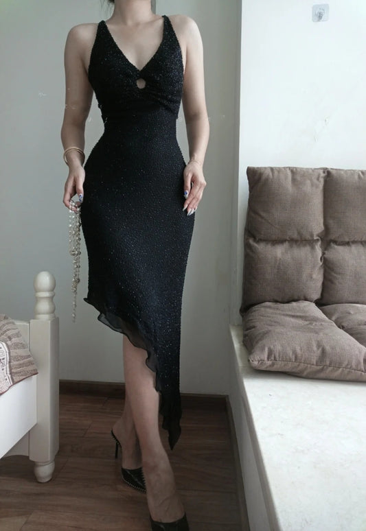 (Inklusive Schal) Schwarzes glänzendes Vintage-Kleid mit V-Ausschnitt, kurz/mittellang, für Heimkehr, Ballkleid, Geburtstagsparty, Bankettkleid, Abendkleid, gh4707