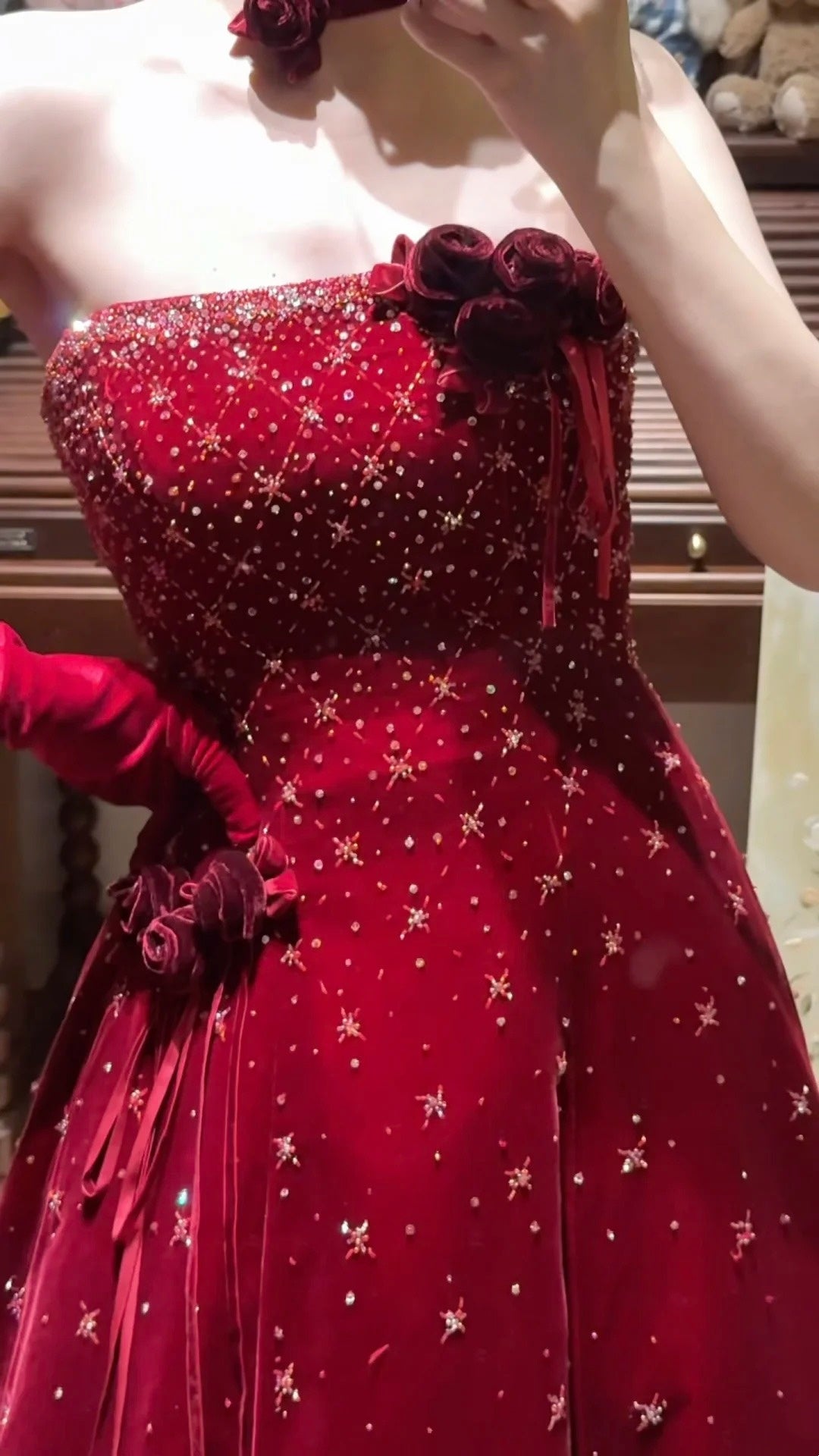 girlhomeshops-Burgundy Exquisite Beaded Long Velvet Formal Prom Dress Graduation Dress Evening Dress gh5974
