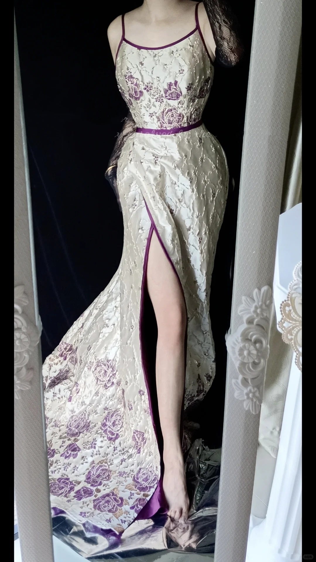 Robe de soirée longue en satin blanc violet à fleurs, style vintage, élégante, style sirène, slim, gh4714