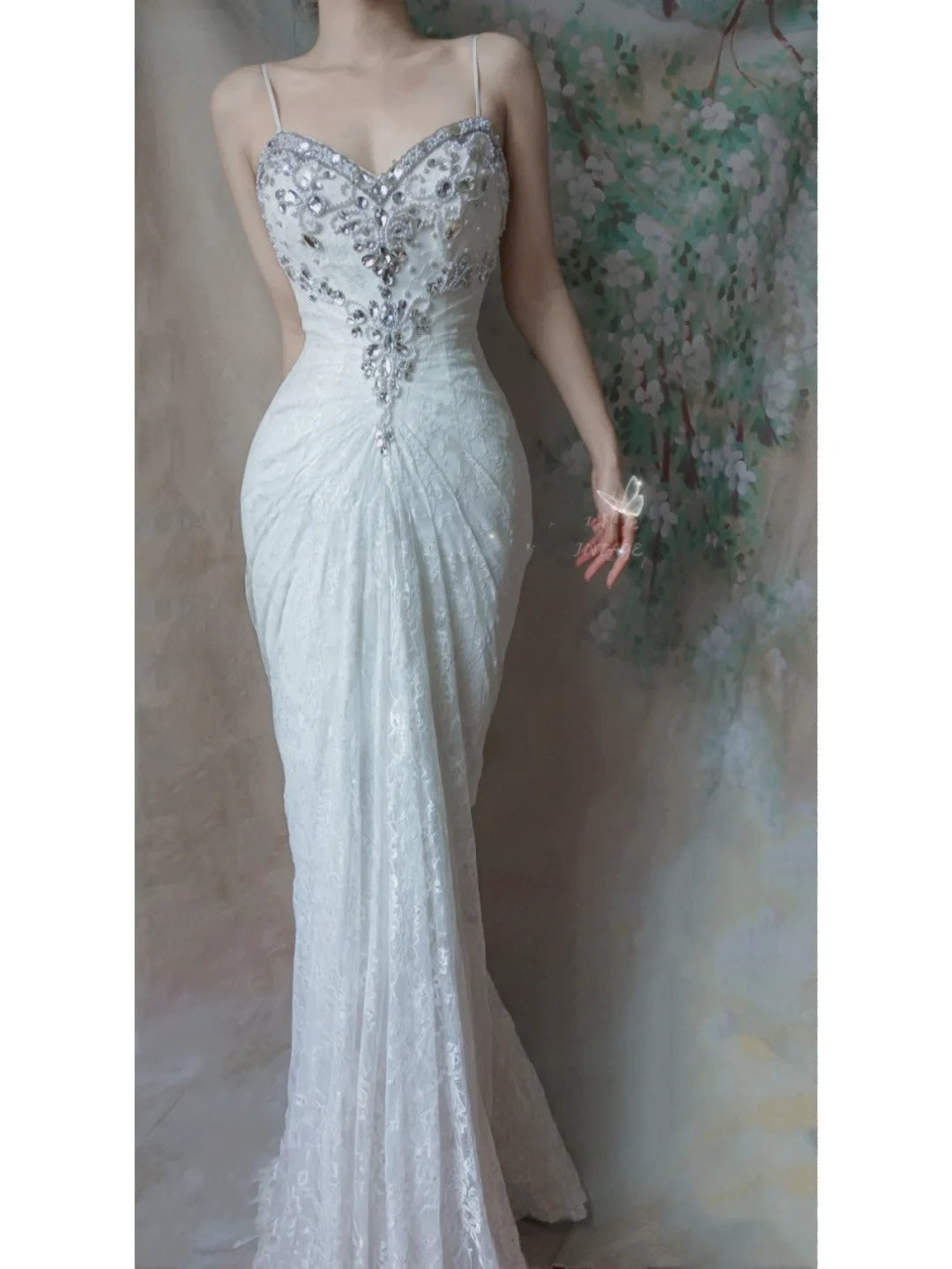 White Beaded Long Lace Tulle Mermaid Slim Ball Gown Evening Gown Party Dress gh4704