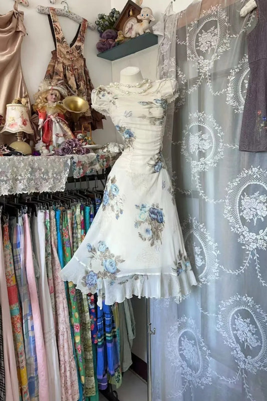 Elegantes, knielanges Abendkleid im Vintage-Stil mit Print aus Tüll, Perlenverzierungen und kurzen Ärmeln – perfekt für Nachmittagstee, Dates und kleine Feierlichkeiten (gh6493).