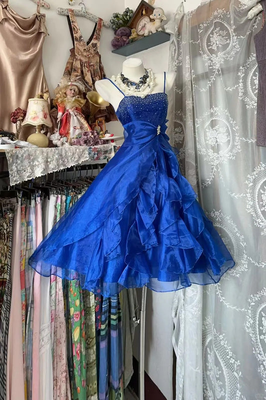 Minikleid im königsblauen Stil mit Spaghettiträgern | Perlenbesetzter, mehrlagiger Rüschenrock für Ballpartys – luxuriöses Outfit für festliche Anlässe gh6443
