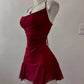 Glam Burgundy Style Spaghetti Strap Mini Dress | Cross Open-Back Ruched Mermaid Skirt for Party Date Luxury Outfit gh6442