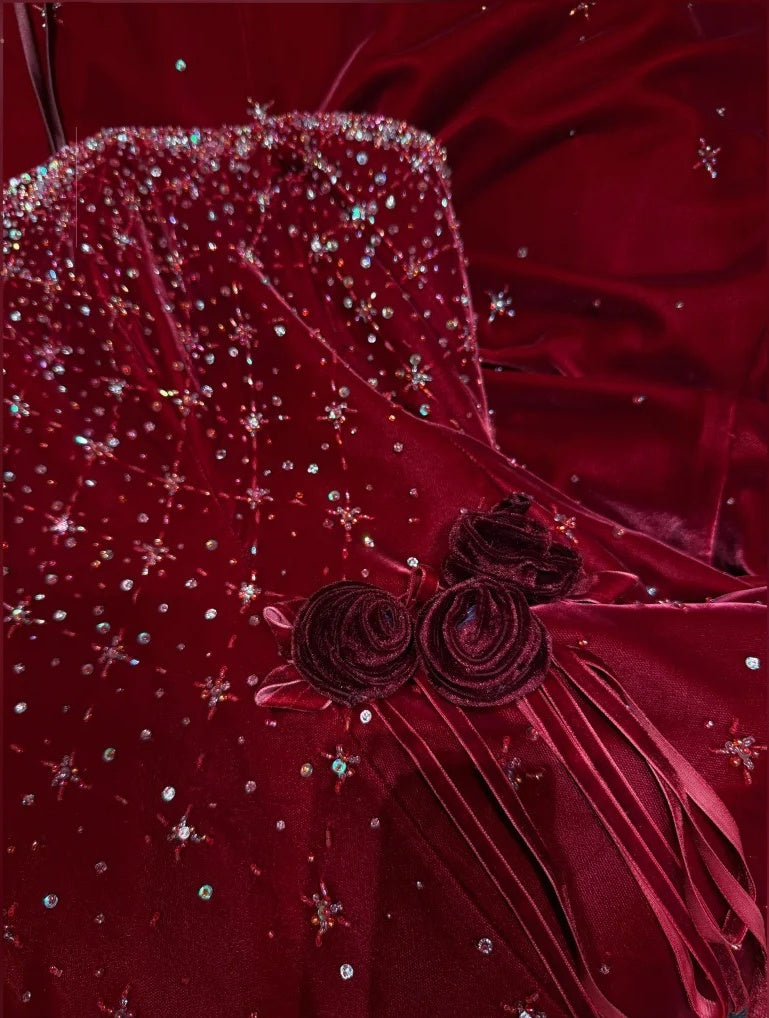 girlhomeshops-Burgundy Exquisite Beaded Long Velvet Formal Prom Dress Graduation Dress Evening Dress gh5974