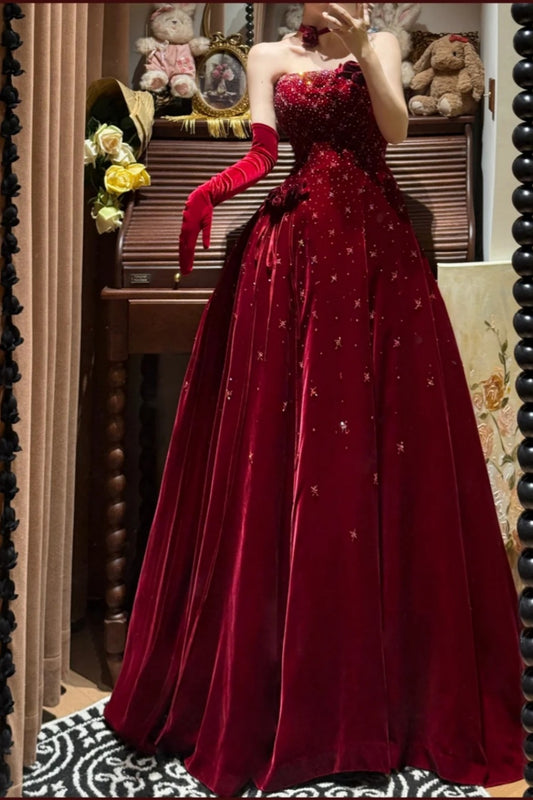 girlhomeshops-Burgundy Exquisite Beaded Long Velvet Formal Prom Dress Graduation Dress Evening Dress gh5974