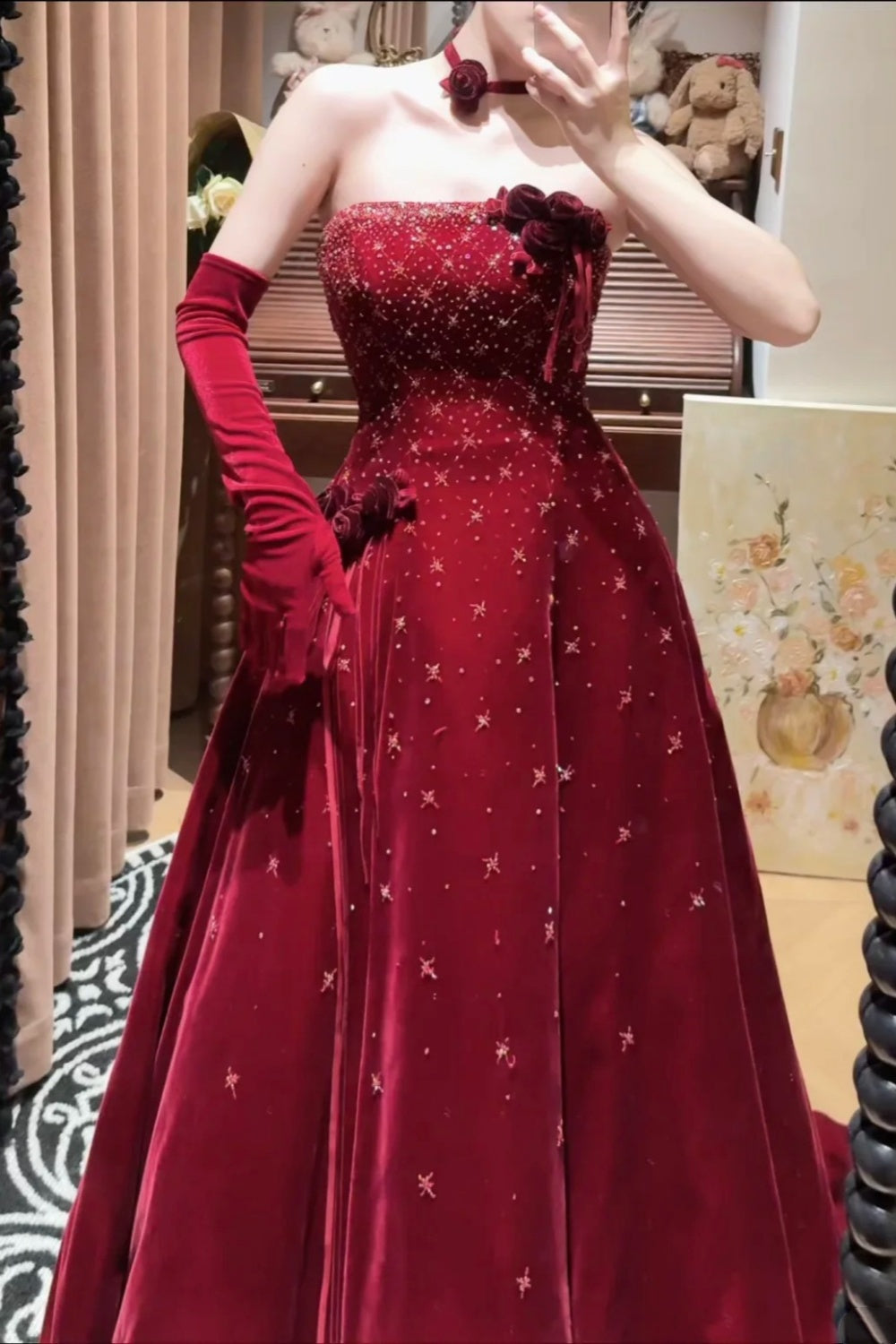 girlhomeshops-Burgundy Exquisite Beaded Long Velvet Formal Prom Dress Graduation Dress Evening Dress gh5974