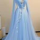 Eisblaues, transparentes, langärmeliges Abendkleid mit 3D-Blumenschleppe gh6393