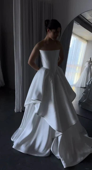 Girlhomeshops - Weißes Satin-Schulterfreies, langes, bodenlanges Brautkleid, Ballkleid gh5394