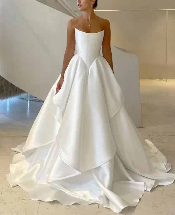 Girlhomeshops-White satin off-the-shoulder long floor-length wedding dress prom dress gh5394