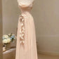Rosa Elegante Rüschen Spaghetti Strap Perle Perlen A-Linie Ärmelloses Langes Chiffon Abendkleid Ballkleid Brautjungfernkleider gh4194