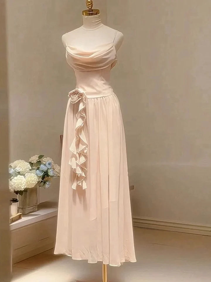 Rosa Elegante Rüschen Spaghetti Strap Perle Perlen A-Linie Ärmelloses Langes Chiffon Abendkleid Ballkleid Brautjungfernkleider gh4194
