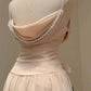 Rosa Elegante Rüschen Spaghetti Strap Perle Perlen A-Linie Ärmelloses Langes Chiffon Abendkleid Ballkleid Brautjungfernkleider gh4194
