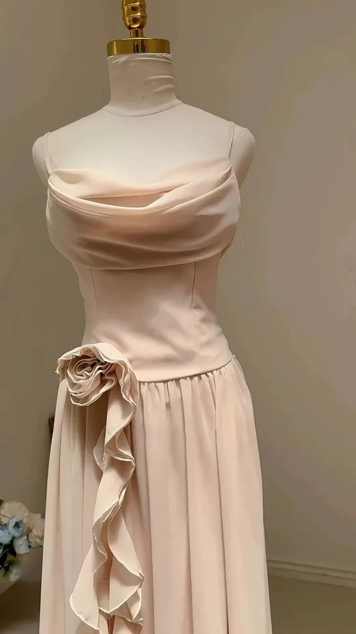 Rosa Elegante Rüschen Spaghetti Strap Perle Perlen A-Linie Ärmelloses Langes Chiffon Abendkleid Ballkleid Brautjungfernkleider gh4194