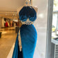 Robe de soirée longue en velours bleu sexy et élégante avec dentelle exquise et perles, fente au sol, robe de bal gh3413