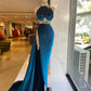 Robe de soirée longue en velours bleu sexy et élégante avec dentelle exquise et perles, fente au sol, robe de bal gh3413