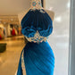 Robe de soirée longue en velours bleu sexy et élégante avec dentelle exquise et perles, fente au sol, robe de bal gh3413