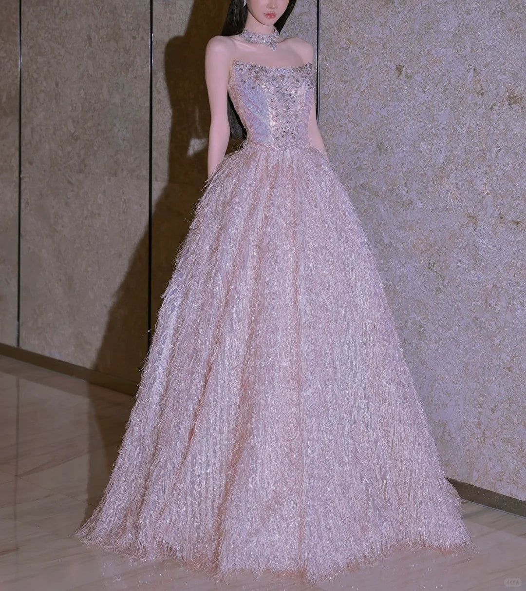Girlhomeshops - Rosa Mode Perlen Elegante Lange Tüll Ballkleid Abendkleid gh5074