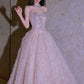 Girlhomeshops - Rosa Mode Perlen Elegante Lange Tüll Ballkleid Abendkleid gh5074