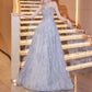 Girlhomeshops-Blaues, modisches, elegantes, langes Ballkleid aus Tüll mit Perlen, gh5075