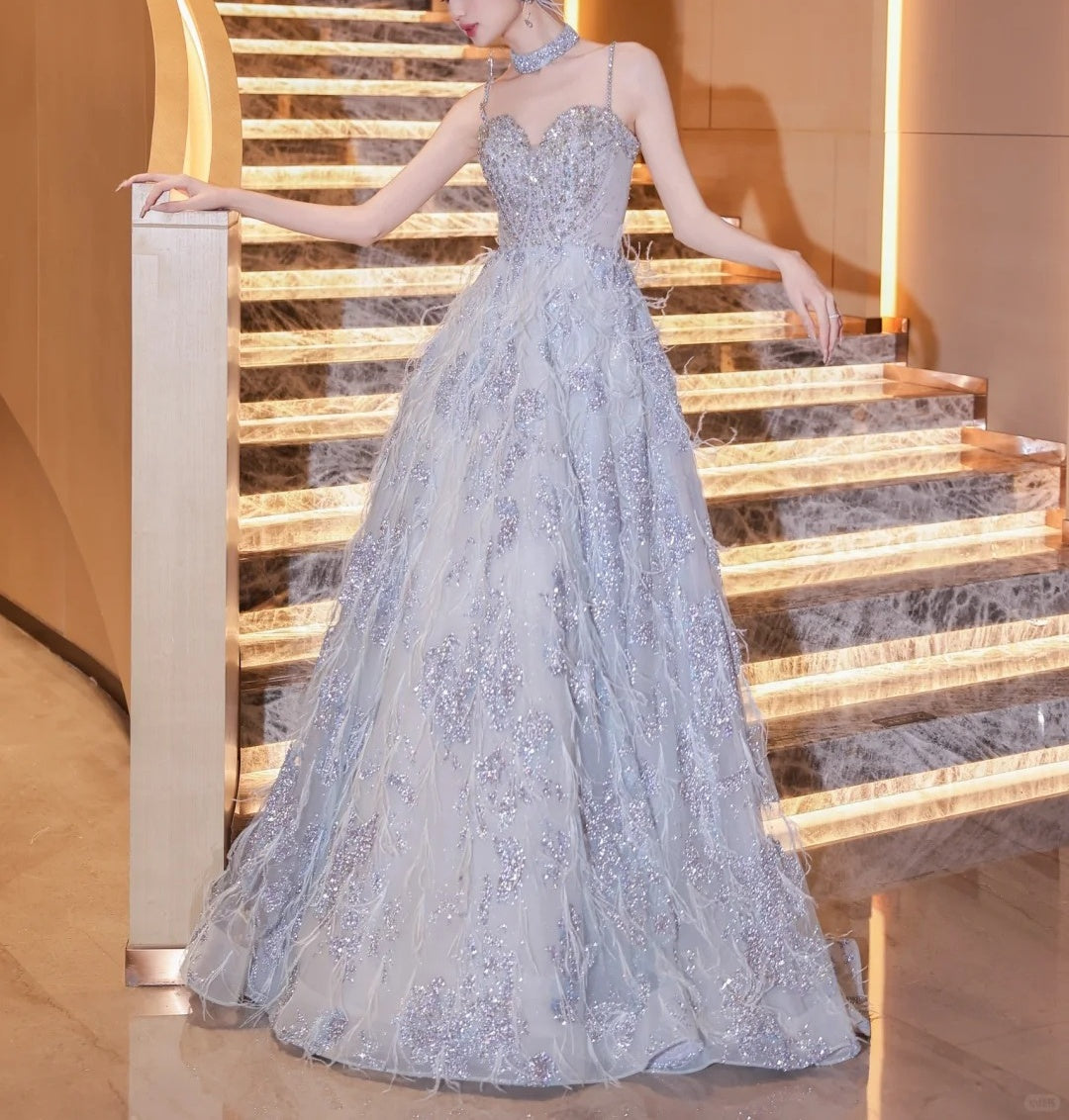Girlhomeshops-Blaues, modisches, elegantes, langes Ballkleid aus Tüll mit Perlen, gh5075