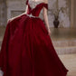 Girlhomeshops - Burgunderrotes, elegantes, langes Ballkleid aus Samt mit Strasssteinen und Perlen, Abendkleid gh5073