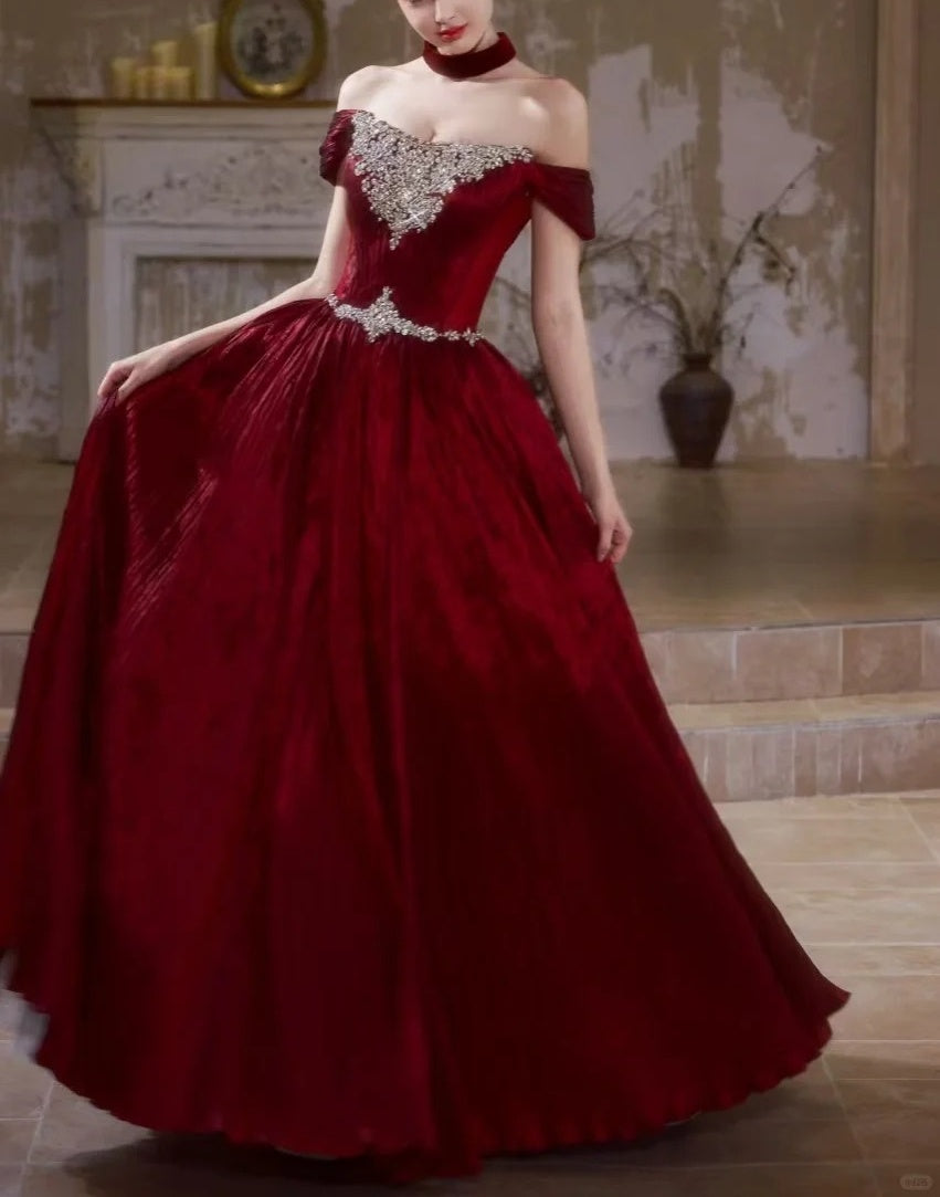 Girlhomeshops - Burgunderrotes, elegantes, langes Ballkleid aus Samt mit Strasssteinen und Perlen, Abendkleid gh5073