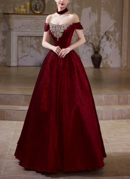 Girlhomeshops - Burgunderrotes, elegantes, langes Ballkleid aus Samt mit Strasssteinen und Perlen, Abendkleid gh5073