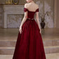 Girlhomeshops - Burgunderrotes, elegantes, langes Ballkleid aus Samt mit Strasssteinen und Perlen, Abendkleid gh5073