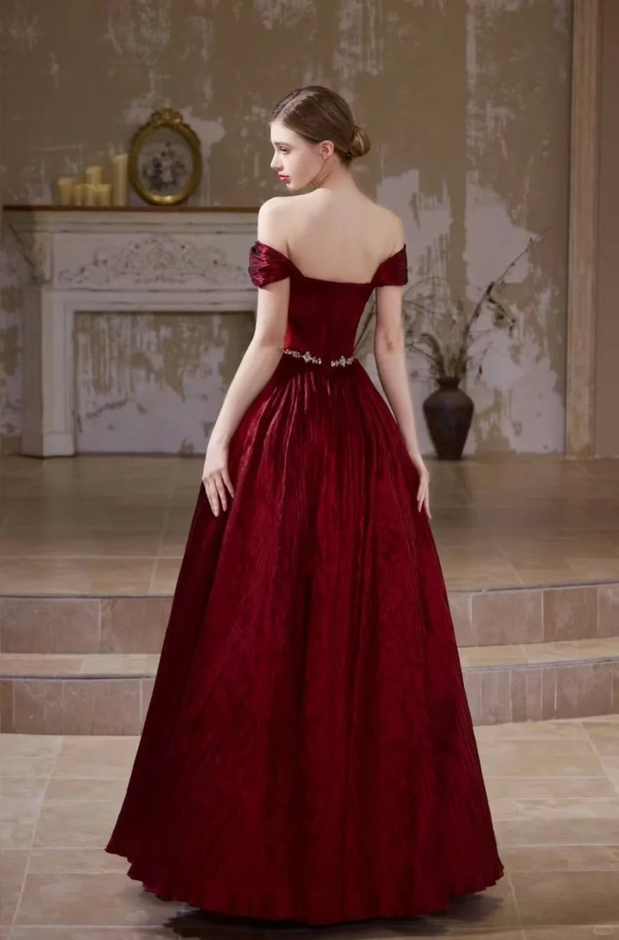 Girlhomeshops - Burgunderrotes, elegantes, langes Ballkleid aus Samt mit Strasssteinen und Perlen, Abendkleid gh5073