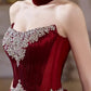 Girlhomeshops - Burgunderrotes, elegantes, langes Ballkleid aus Samt mit Strasssteinen und Perlen, Abendkleid gh5073