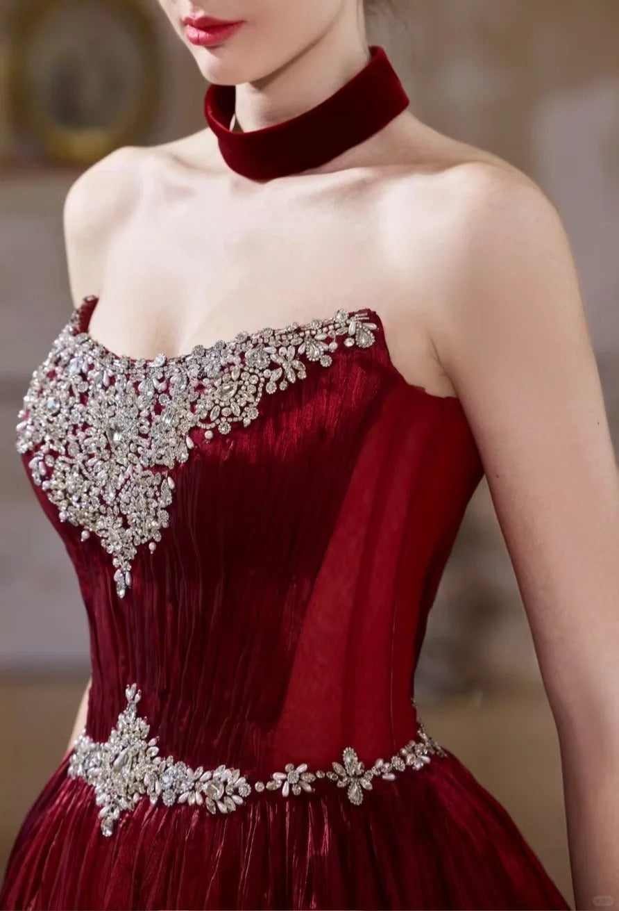 Girlhomeshops - Burgunderrotes, elegantes, langes Ballkleid aus Samt mit Strasssteinen und Perlen, Abendkleid gh5073