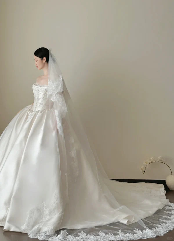 Girlhomeshops-White satin long elegant tulle wedding prom dress gh5435