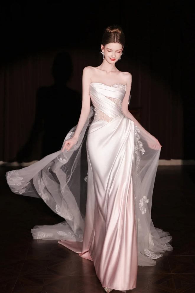 Robe de mariée longue en tulle et dentelle satinée rose dégradé gh6847