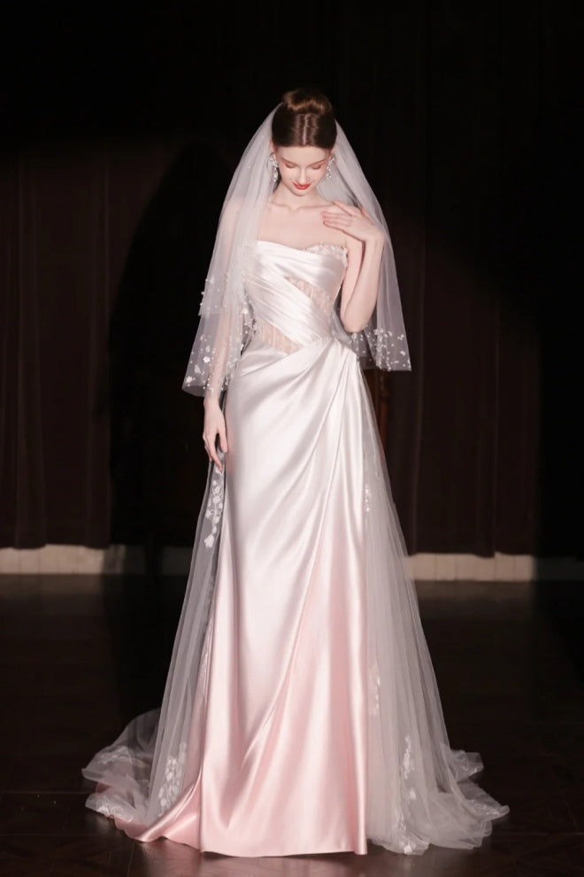 Robe de mariée longue en tulle et dentelle satinée rose dégradé gh6847