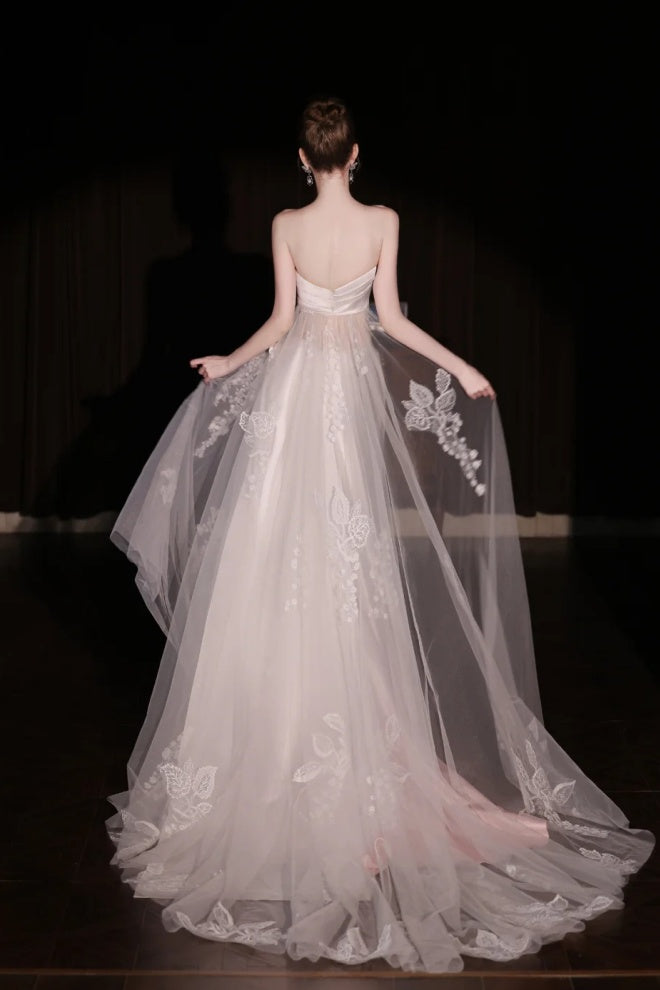 Robe de mariée longue en tulle et dentelle satinée rose dégradé gh6847