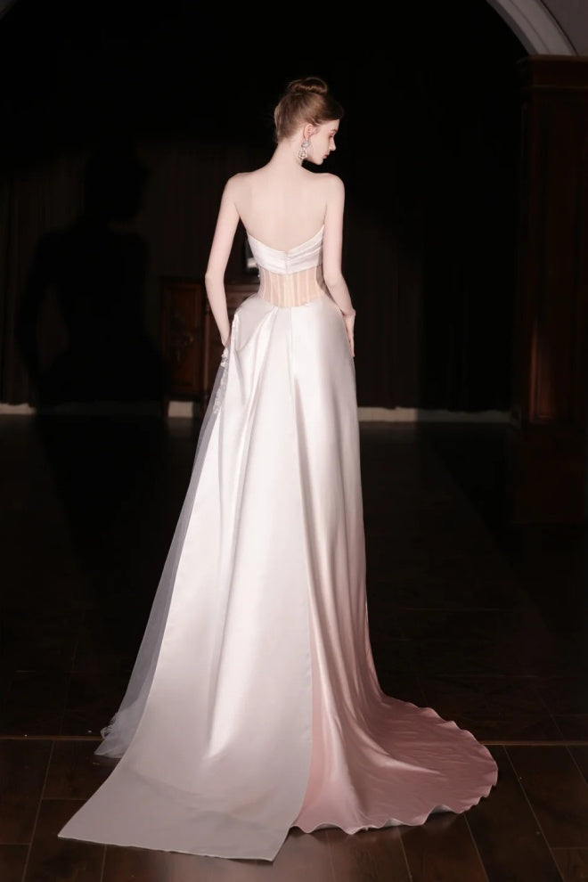 Robe de mariée longue en tulle et dentelle satinée rose dégradé gh6847
