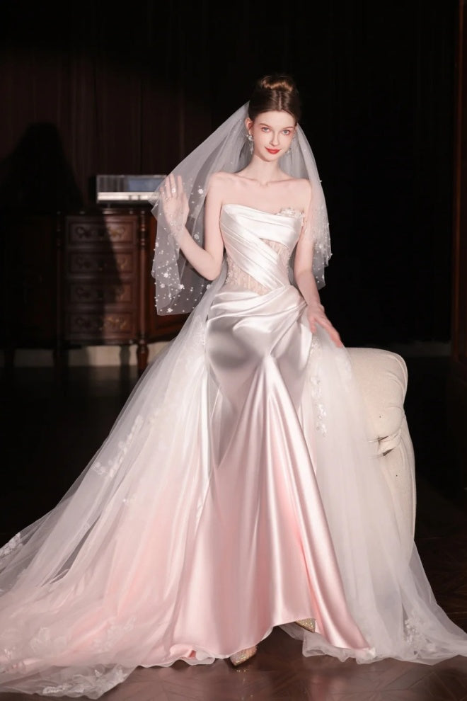 Robe de mariée longue en tulle et dentelle satinée rose dégradé gh6847